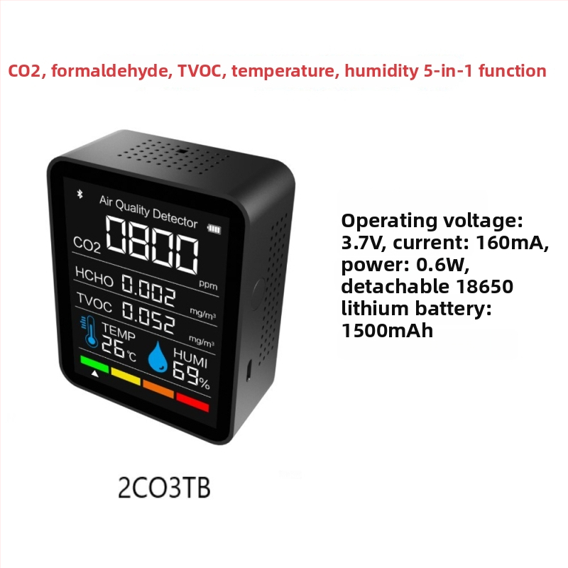 Bluetoothový CO2 detektor s meraním TVOC a formaldehydu, s aplikáciou, 60 dní ukladanie údajov, model 2CO3TB-5-in-1
