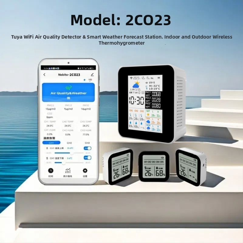 NOBITOR 2CO23 WiFi monitor kvality vzduchu so meteorologickou stanicou – vnútorné/vonkajšie, PM2.5, teplota, vlhkosť, rozsah 0-1000