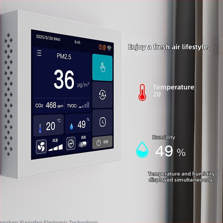 Intelligens otthoni levegőminőség-érzékelő és hőmérséklet–nedvesség-vezérlő RS485 interfész — valós idejű PM2.5 és hőmérséklet–nedvesség kijelzés, modell G6-T, Shinefan