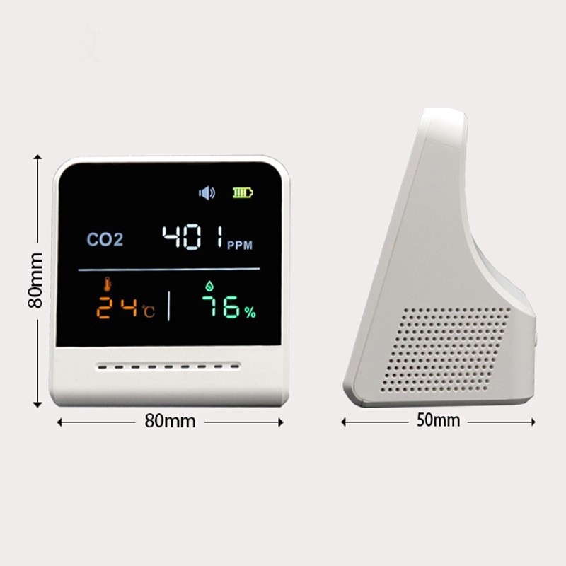 Detector CO2 cu infraroșu pentru interior, model portabil; măsoară CO2, temperatura și umiditatea; interval 400–5000 ppm; precizie 50 ppm; rezoluție 1 ppm; alimentare 5V
