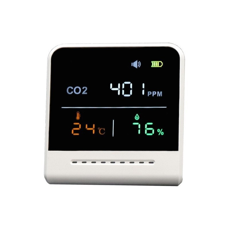 Detector CO2 cu infraroșu pentru interior, model portabil; măsoară CO2, temperatura și umiditatea; interval 400–5000 ppm; precizie 50 ppm; rezoluție 1 ppm; alimentare 5V