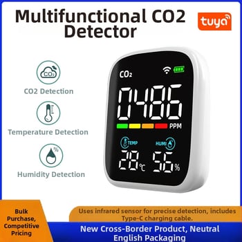 Infračervený CO2 detektor s teplotou a vlhkosťou, rozsah 400–5000 ppm, presnosť 1 ppm, rozlíšenie 1 ppm, napätie 3.7V, model Pv28aw