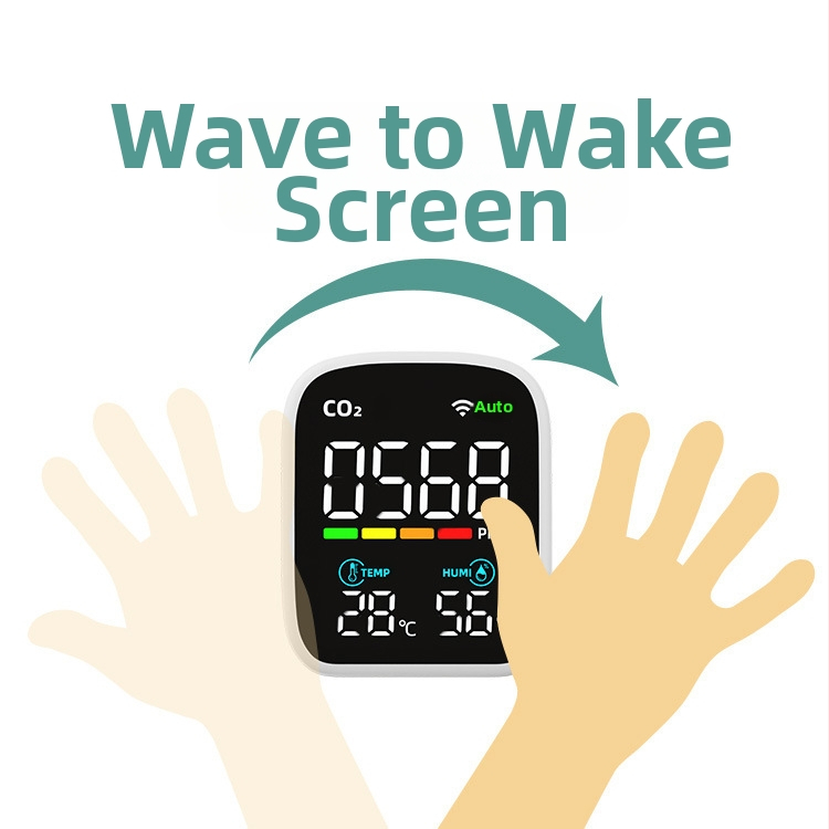 Infračervený CO2 detektor s teplotou a vlhkosťou, rozsah 400–5000 ppm, presnosť 1 ppm, rozlíšenie 1 ppm, napätie 3.7V, model Pv28aw