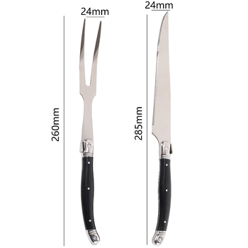 Set pribora za jelo: 420 nehrđajući čelik, ABS držač; uključuje nož za steak, vilicu za roštilj, vilicu za rezanje mesa, nož i vilicu za salatu; moderan minimalistički dizajn