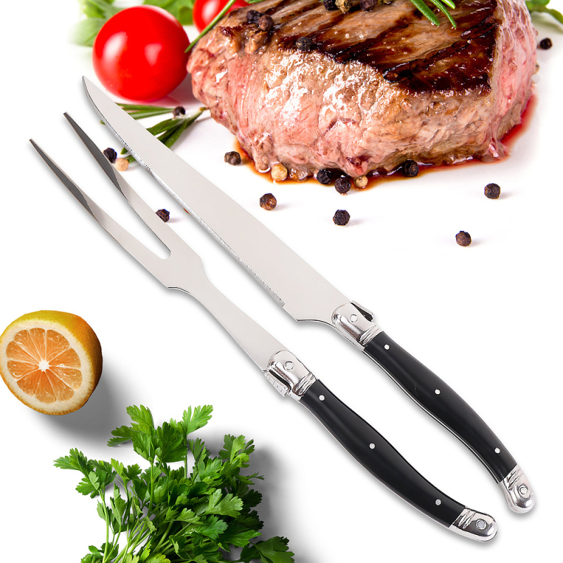 Set pribora za jelo: 420 nehrđajući čelik, ABS držač; uključuje nož za steak, vilicu za roštilj, vilicu za rezanje mesa, nož i vilicu za salatu; moderan minimalistički dizajn