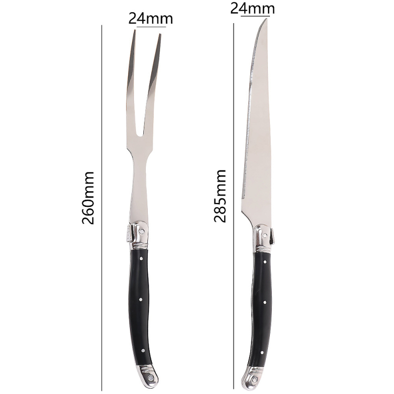 Set pribora za jelo: 420 nehrđajući čelik, ABS držač; uključuje nož za steak, vilicu za roštilj, vilicu za rezanje mesa, nož i vilicu za salatu; moderan minimalistički dizajn
