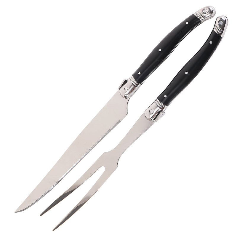 Set pribora za jelo: 420 nehrđajući čelik, ABS držač; uključuje nož za steak, vilicu za roštilj, vilicu za rezanje mesa, nož i vilicu za salatu; moderan minimalistički dizajn