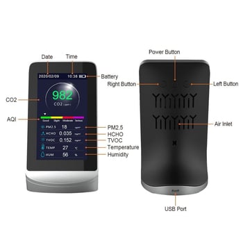 Мултифункционален детектор за качество на въздуха за вътрешни помещения – Dingmeng DM72B (CO2, PM2.5, формалдехид, TVOC) с запис на данни