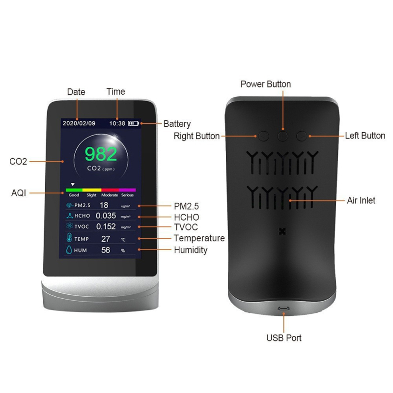 Мултифункционален детектор за качество на въздуха за вътрешни помещения – Dingmeng DM72B (CO2, PM2.5, формалдехид, TVOC) с запис на данни