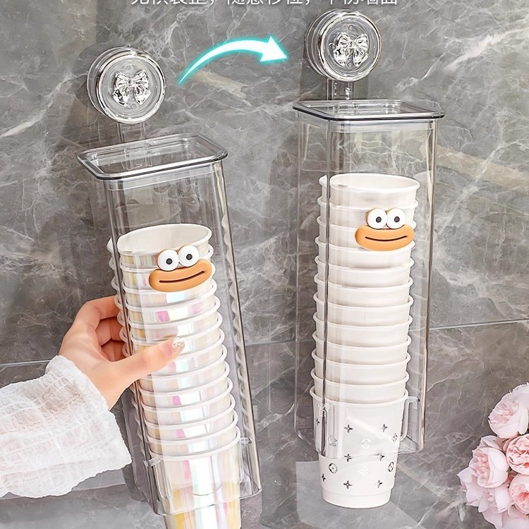 Zidni držač za jednokratne papirnate čaše s usisnim dispenzerom, plastika, 1 razina, moderan minimalistički dizajn, bez bušenja