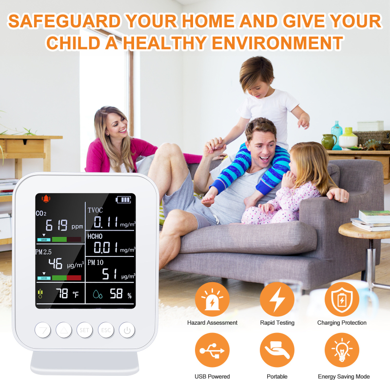 Μετρητής ποιότητας αέρα, επτά σε ένα: φορμαλδεΰδη, PM2.5, CO2, TVOC, θερμοκρασία και υγρασία; εύρος 0-100, ακρίβεια 100, τροφοδοσία 5V2A