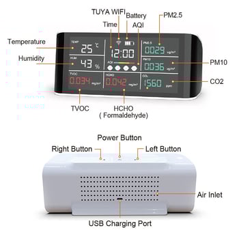 Monitor de calitate a aerului cu concentrație CO2, DM69-wifi, Tuya Wi‑Fi, alimentare USB, 400–5000 ppm, acuratețe 50 ppm ±3%