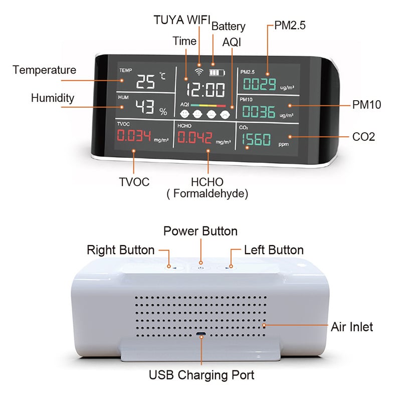 Monitor de calitate a aerului cu concentrație CO2, DM69-wifi, Tuya Wi‑Fi, alimentare USB, 400–5000 ppm, acuratețe 50 ppm ±3%