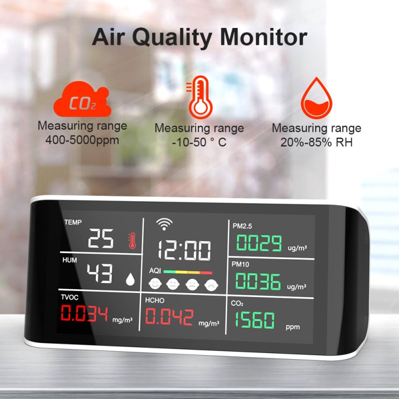 Monitor de calitate a aerului cu concentrație CO2, DM69-wifi, Tuya Wi‑Fi, alimentare USB, 400–5000 ppm, acuratețe 50 ppm ±3%