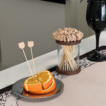 Egyszer használatos gyümölcs villák selyemvirággal díszítve; gyümölcsvillák tárolóval, mintázat 69850, egyszerű stílus.