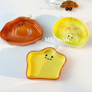 Farfurie ceramică pentru sosuri, în formă de pâine, cu model desen animat, suprafață pictată manual, potrivită pentru cuptor cu microunde