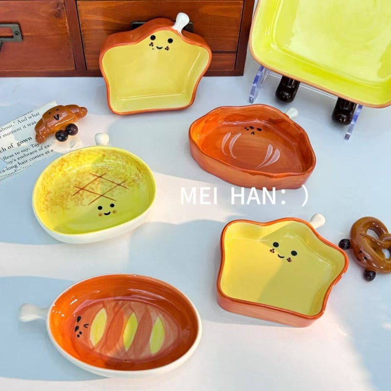 Farfurie ceramică pentru sosuri, în formă de pâine, cu model desen animat, suprafață pictată manual, potrivită pentru cuptor cu microunde
