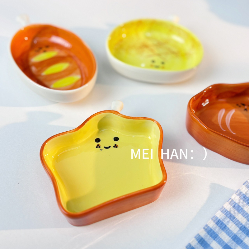 Farfurie ceramică pentru sosuri, în formă de pâine, cu model desen animat, suprafață pictată manual, potrivită pentru cuptor cu microunde