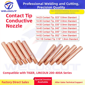 Dva kusy vodivých zváracích trysiek zliatiny chróm-zirkón-meď pre Tweelex/Lincoln 200-400 A vzduchovo chladené horáky; modely 14-23/14-30/14-35/14-40/14-45/14-116