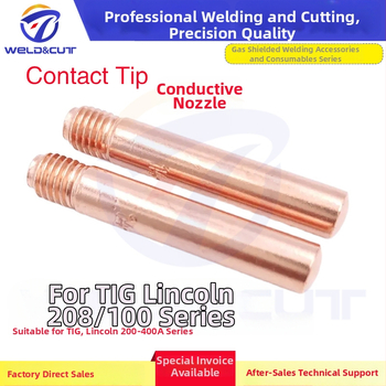 Dva kusy vodivých zváracích trysiek zliatiny chróm-zirkón-meď pre Tweelex/Lincoln 200-400 A vzduchovo chladené horáky; modely 14-23/14-30/14-35/14-40/14-45/14-116