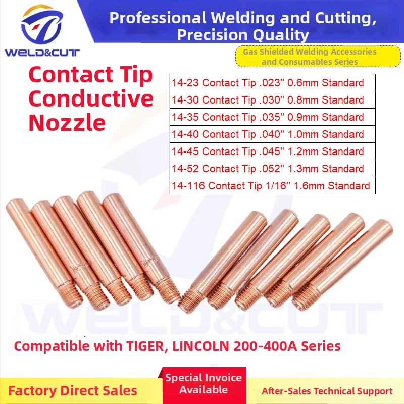 Dva kusy vodivých zváracích trysiek zliatiny chróm-zirkón-meď pre Tweelex/Lincoln 200-400 A vzduchovo chladené horáky; modely 14-23/14-30/14-35/14-40/14-45/14-116