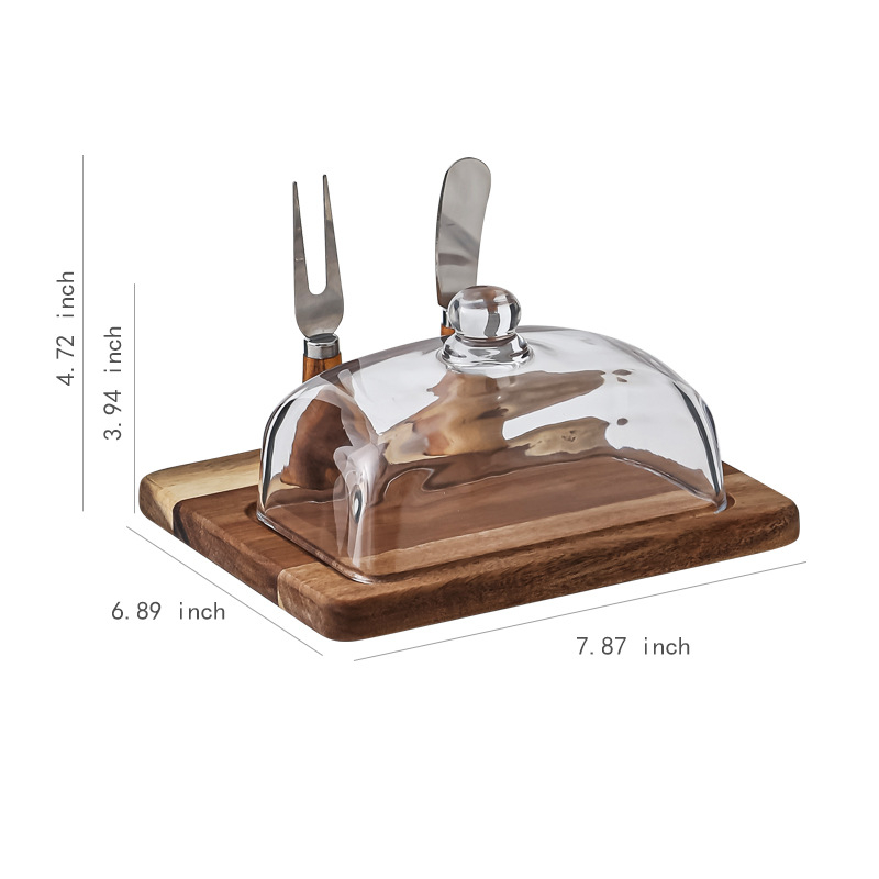 Кутия за масло от акациево дърво с нож; десертна чиния за чийзкейк със стъклен капак — печатано лого, възможна персонализация, стил лайт лукс, високо качество