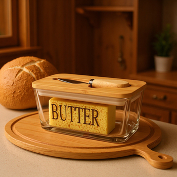 Üveg zárt doboz sajt- és vajtárolásra, fedővel, téglalap alakú