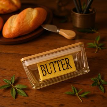 Üveg zárt doboz sajt- és vajtárolásra, fedővel, téglalap alakú