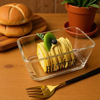 Üveg zárt doboz sajt- és vajtárolásra, fedővel, téglalap alakú