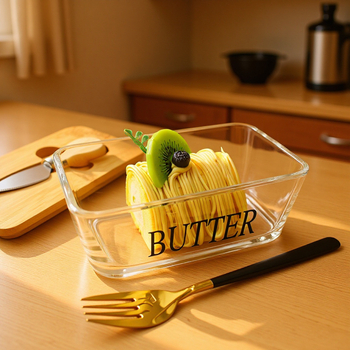 Üveg zárt doboz sajt- és vajtárolásra, fedővel, téglalap alakú