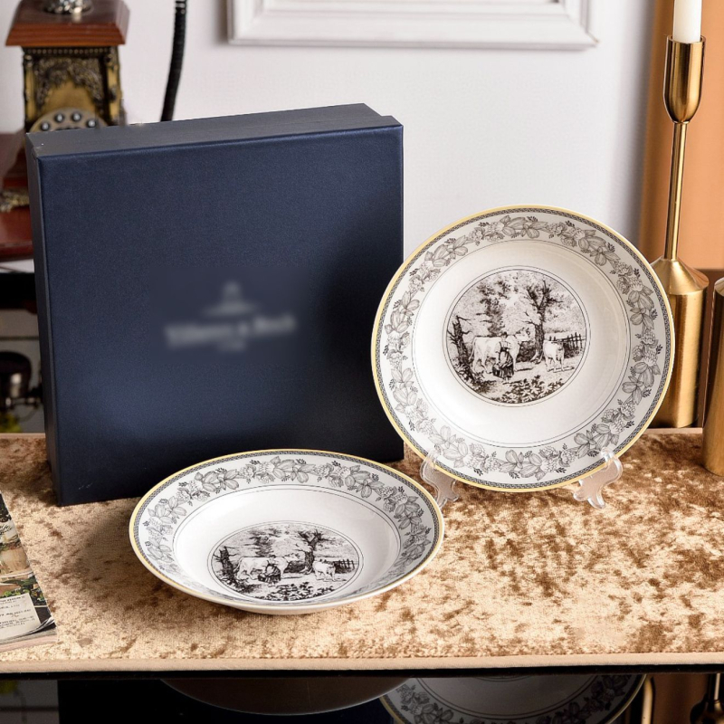 Kerámia étkészlet az asztalra: rizstál, ebédtál, nagy mély leveses tál, lapos tál, csipkés szélű mély tál, tea- és kávéscsésze; pásztor stílus, kézzel készített, testreszabható, könnyű luxus retro.