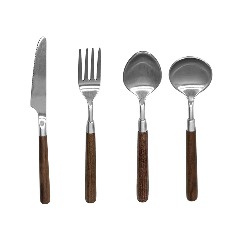 Set noževa, vilice i žlice za steak s drškom od orahovog drveta, 304 nehrđajući čelik, ogledno poliranje, minimalistički stil, tri dijela