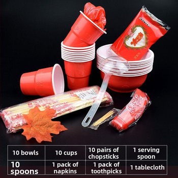 Jednorazový set riadu červenej farby pre svadobný banket — misy a poháre pre 10 osôb; Značka: Iné; Materiál: Iné; Tlač loga; Prispôsobené spracovanie