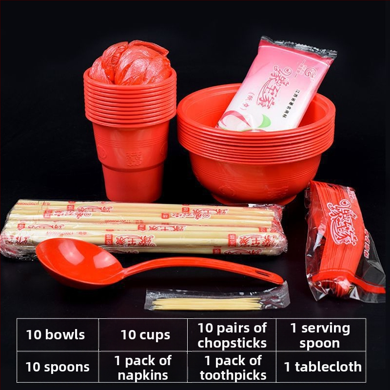 Jednorazový set riadu červenej farby pre svadobný banket — misy a poháre pre 10 osôb; Značka: Iné; Materiál: Iné; Tlač loga; Prispôsobené spracovanie