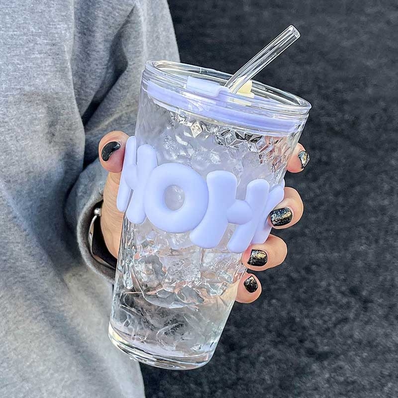 Staklena čaša sa slamkom i poklopcem, 400 ml, prozirna, za kavu i cold brew, korejski stil