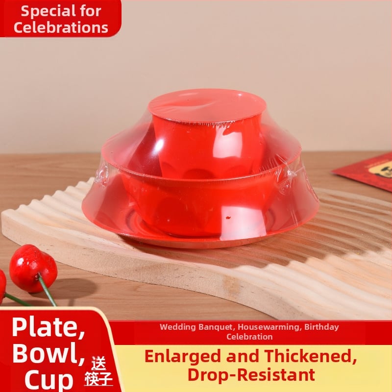 Négy darabos egyszer használatos kör plasztikus étkészlet — tálak, 3 éves szavatosság, 25/50/75/100 készlet dobozonként