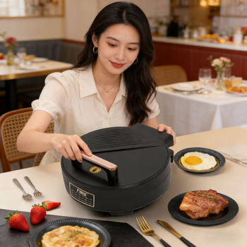 Električni wok s dvostrukim grijanjem; 1300W, 220V; Funkcije: prženje, duboko prženje, prženje na tavi, pečenje, grill; Upravljačko: gumb; Panel: mikrokrystalni panel; Pogodno za 6+ osoba