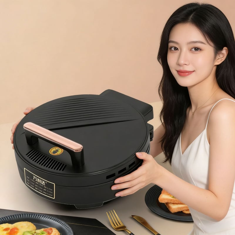 Električni wok s dvostrukim grijanjem; 1300W, 220V; Funkcije: prženje, duboko prženje, prženje na tavi, pečenje, grill; Upravljačko: gumb; Panel: mikrokrystalni panel; Pogodno za 6+ osoba