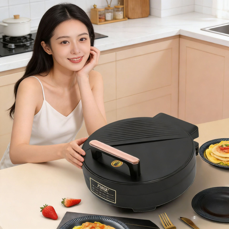 Električni wok s dvostrukim grijanjem; 1300W, 220V; Funkcije: prženje, duboko prženje, prženje na tavi, pečenje, grill; Upravljačko: gumb; Panel: mikrokrystalni panel; Pogodno za 6+ osoba