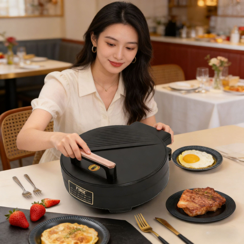 Električni wok s dvostrukim grijanjem; 1300W, 220V; Funkcije: prženje, duboko prženje, prženje na tavi, pečenje, grill; Upravljačko: gumb; Panel: mikrokrystalni panel; Pogodno za 6+ osoba