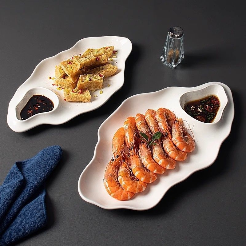 Tanjir za gyōzu i kuhane kozice s mrežastim posudom za ocat, keramika s glazurom, moderni minimalistički stil, za hotele i restorane