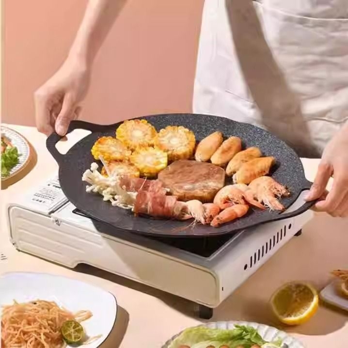 Placă de grătar din fontă, rotundă, pentru prăjit și rumenit, portabilă și pliabilă, ușor de curățat