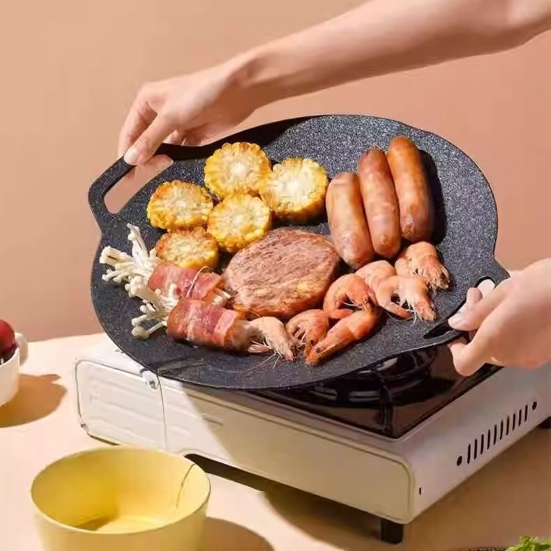 Placă de grătar din fontă, rotundă, pentru prăjit și rumenit, portabilă și pliabilă, ușor de curățat