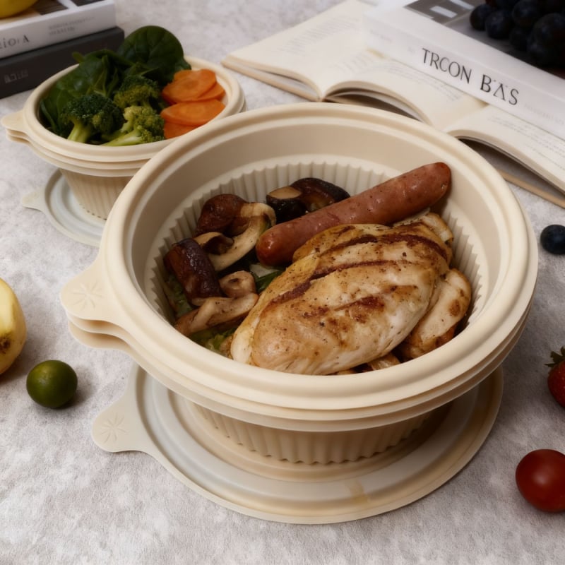 Vas de unică folosință din amidon de porumb, biodegradabil, rezistent la temperaturi înalte, rezistent la ulei și deformare, capacitate 900–1000 ml