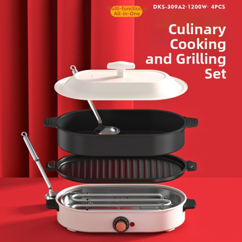 Elektrický hrniec s grilom – keramické telo, 1201–1500W, objem 4–5 L, funkcie: vyprážanie, varenie, dusenie, hot pot, teppanyaki