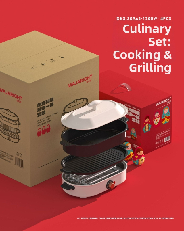 Elektrický hrniec s grilom – keramické telo, 1201–1500W, objem 4–5 L, funkcie: vyprážanie, varenie, dusenie, hot pot, teppanyaki