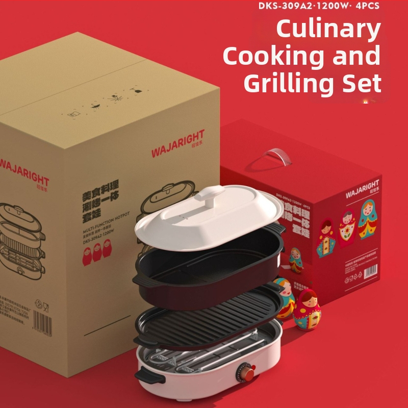 Elektrický hrniec s grilom – keramické telo, 1201–1500W, objem 4–5 L, funkcie: vyprážanie, varenie, dusenie, hot pot, teppanyaki