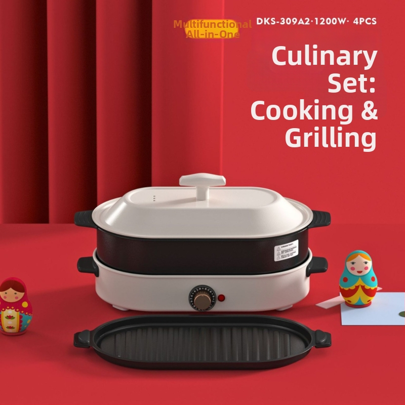 Elektrický hrniec s grilom – keramické telo, 1201–1500W, objem 4–5 L, funkcie: vyprážanie, varenie, dusenie, hot pot, teppanyaki