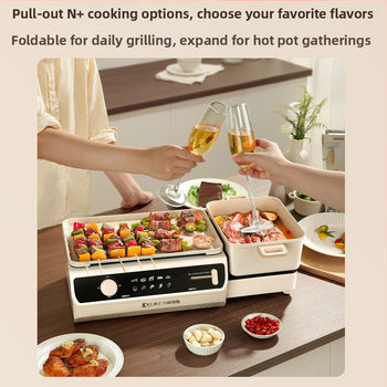 Viacúčelová nádoba s parením, restovaním, varení, hot pot a grilom; 1200–1500 W; slúži pre 3–4 osoby; mechanické ovládanie