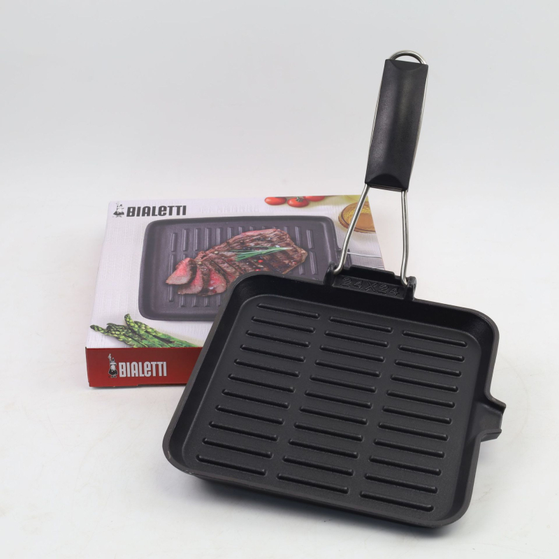 Öntöttvas serpenyő zománcozott felülettel, összecsukható fogantyúval, sík aljzattal, vastagított aljzattal, indukciós főzőfelületekhez